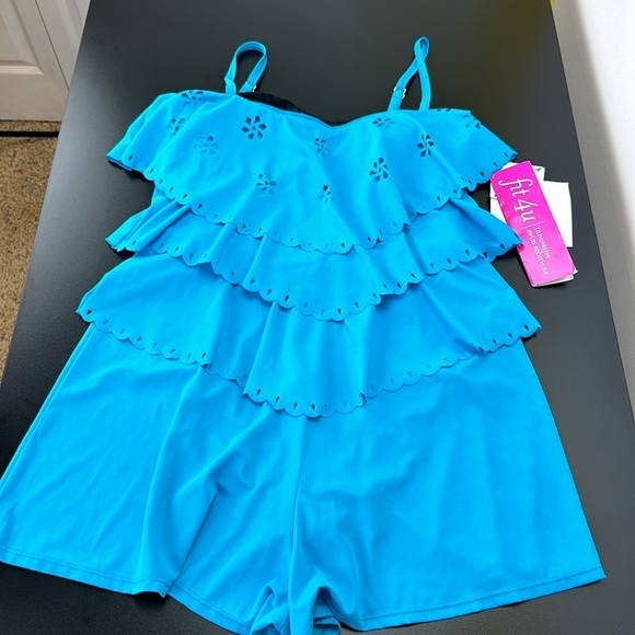 Fit 4U Blue 1 Piece Bathing Suit Romper Shorts Sz 16 Perforated Floral R… - Picture 3 of 13